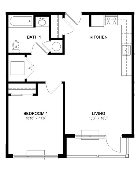 A black and white floor plan of a small apartment with a living room, kitchen, and two bedrooms.